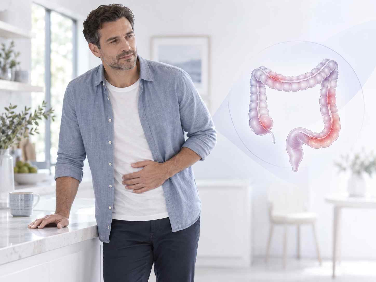 Homem com desconforto abdominal ao lado de ilustração do cólon, representando dor e cólicas na retocolite ulcerativa