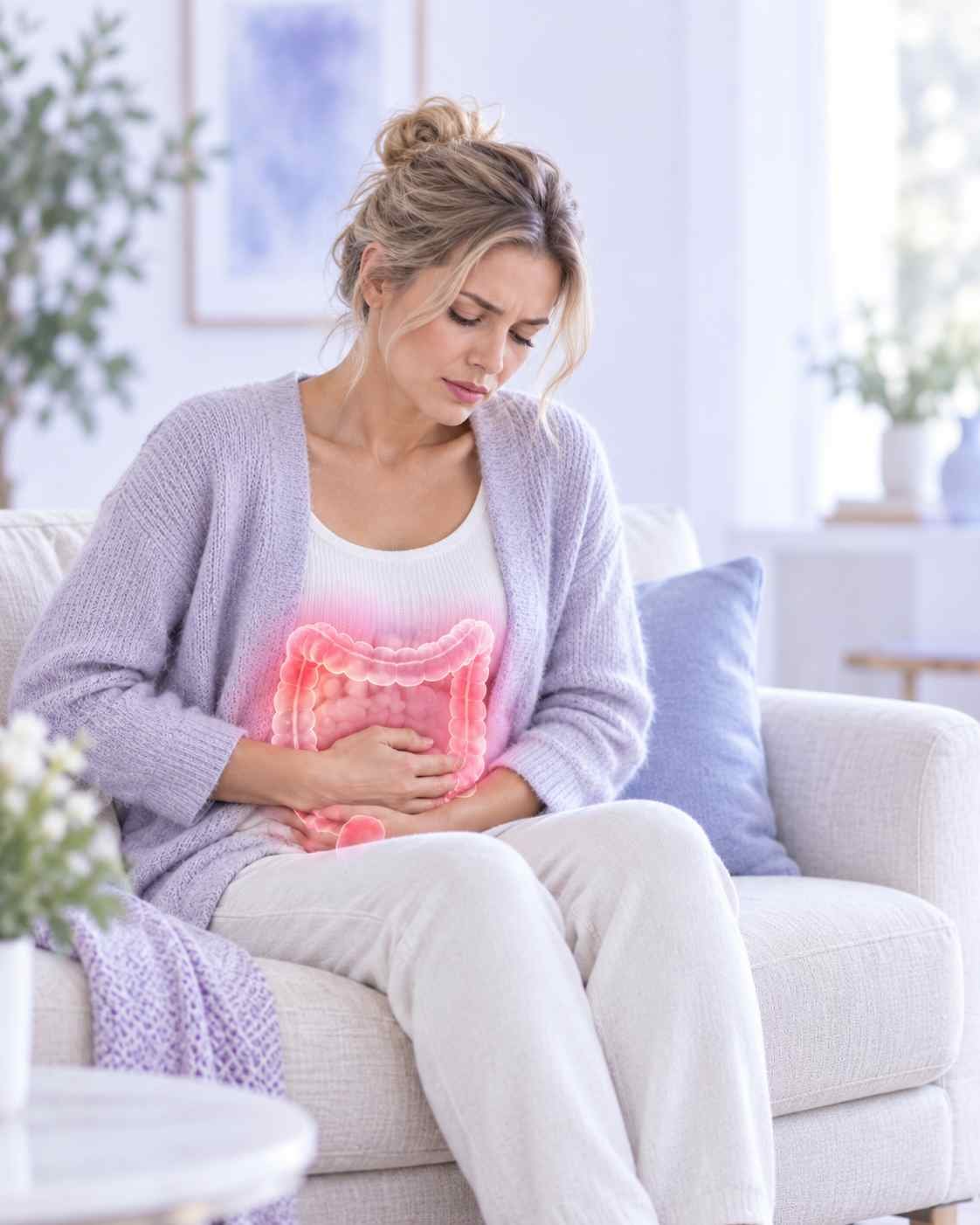 Mulher com desconforto abdominal e ilustração do intestino representando sintomas da retocolite ulcerativa