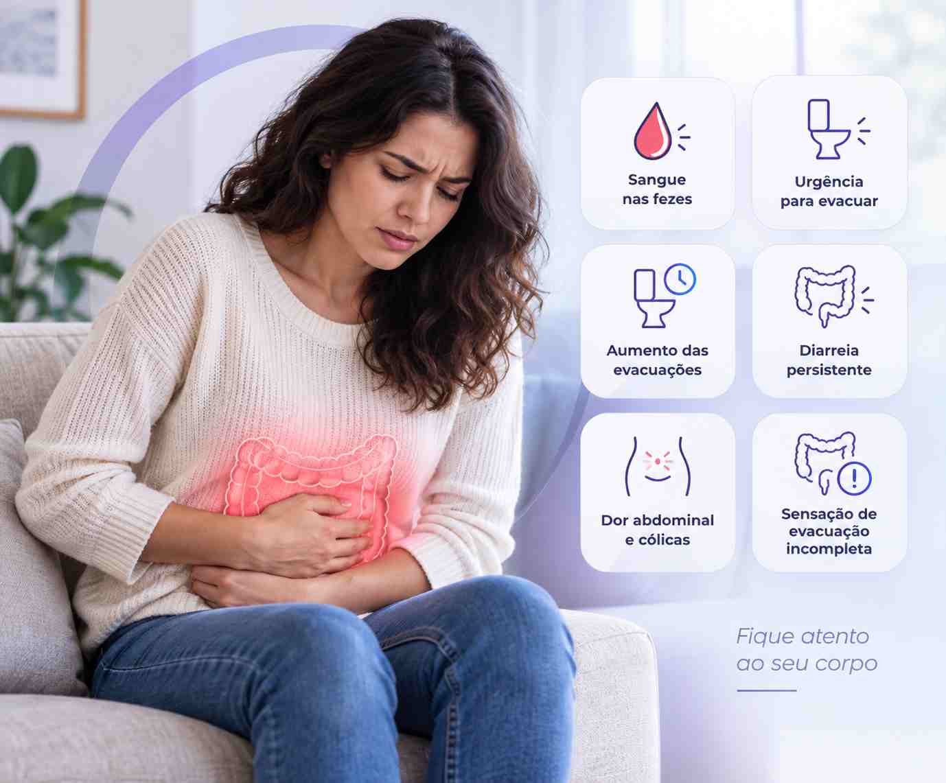 Mulher com desconforto abdominal representando sintomas da retocolite ulcerativa