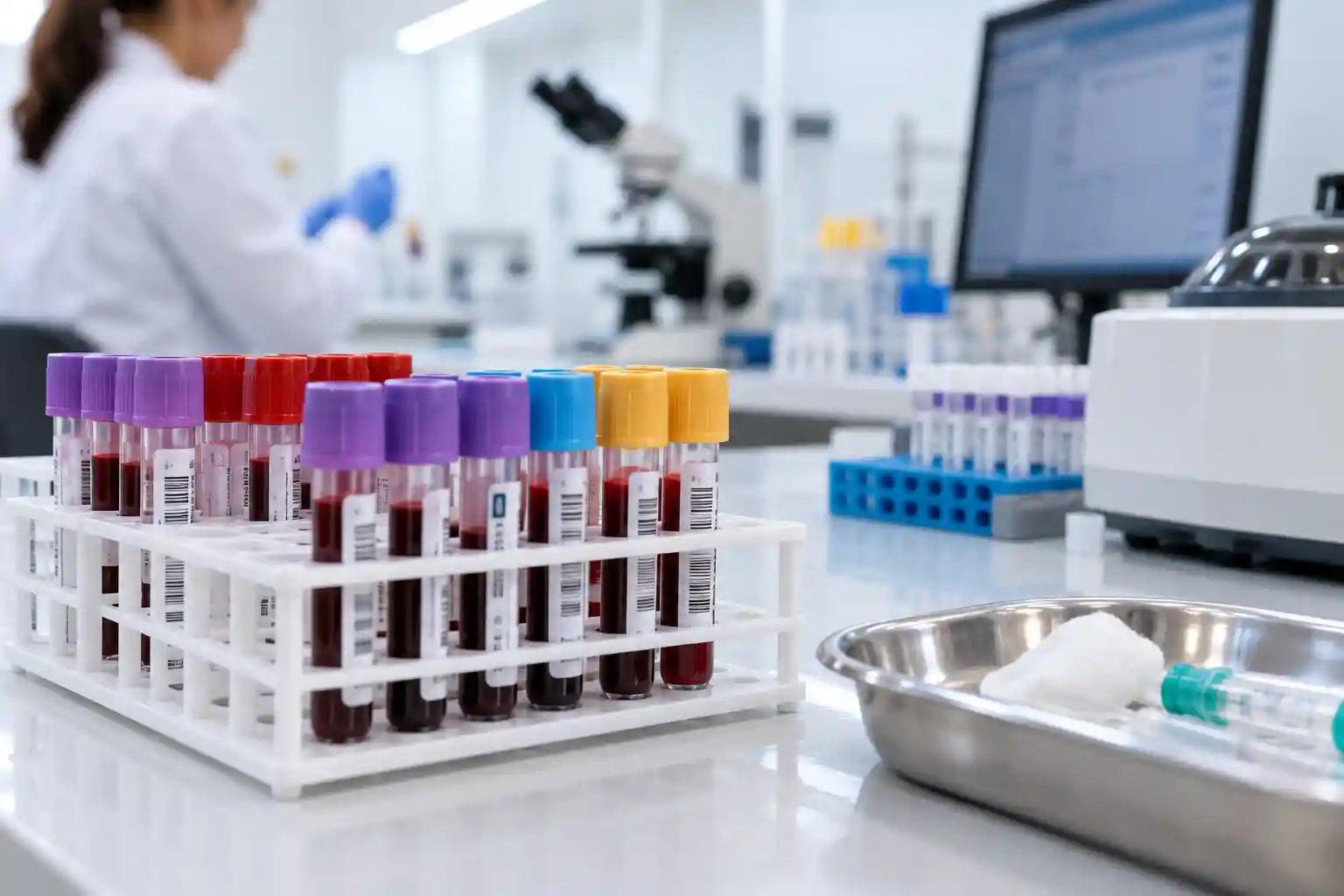 Tubos de coleta de sangue em ambiente laboratorial, ilustrando os exames utilizados na investigação da retocolite ulcerativa