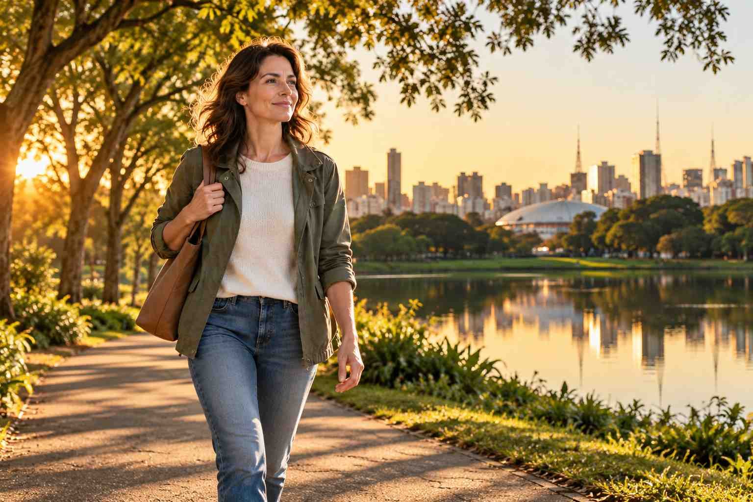 Mulher caminhando no Parque Ibirapuera durante período prolongado de remissão da retocolite ulcerativa