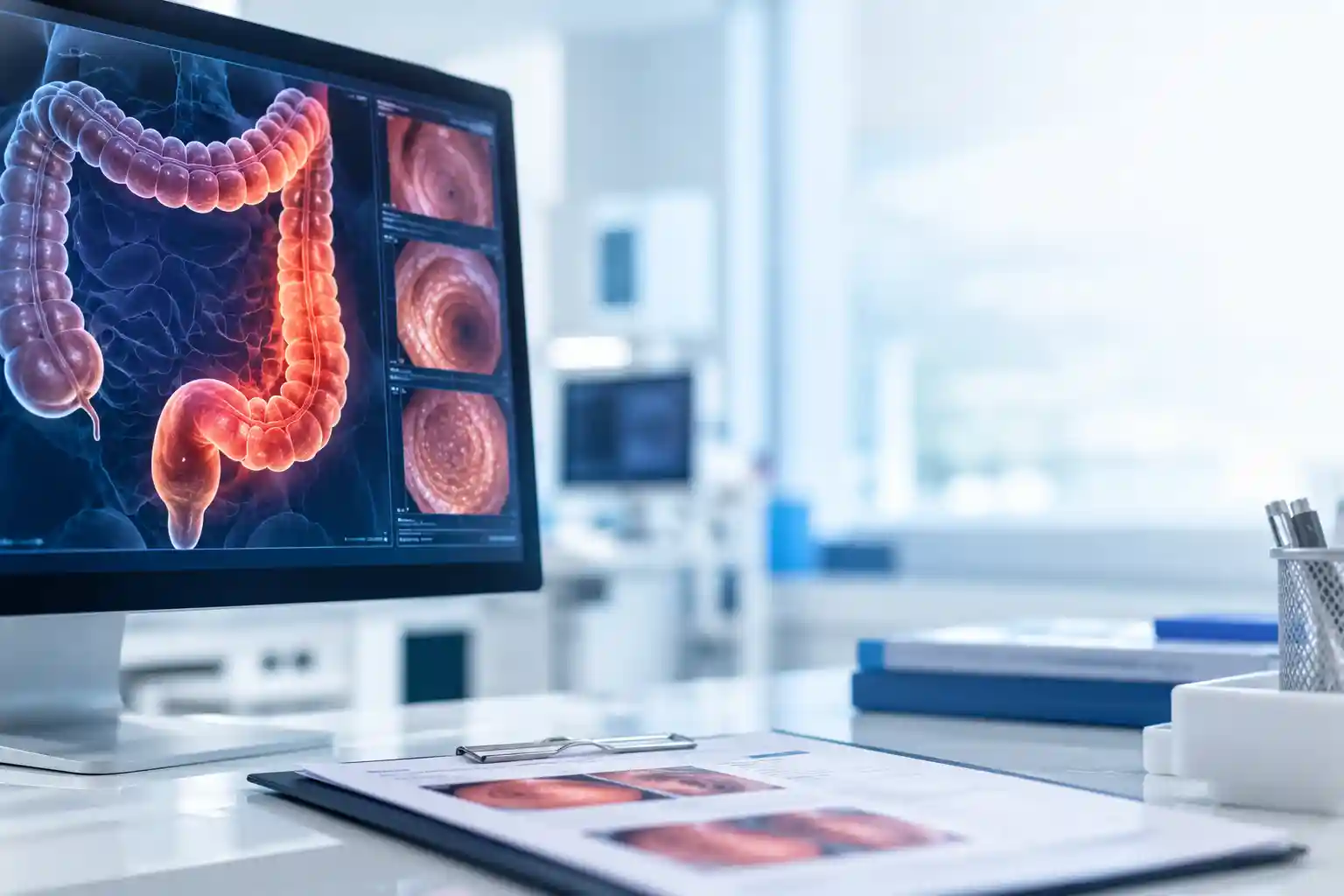 Ilustração médica do intestino grosso relacionada ao diagnóstico da retocolite ulcerativa
