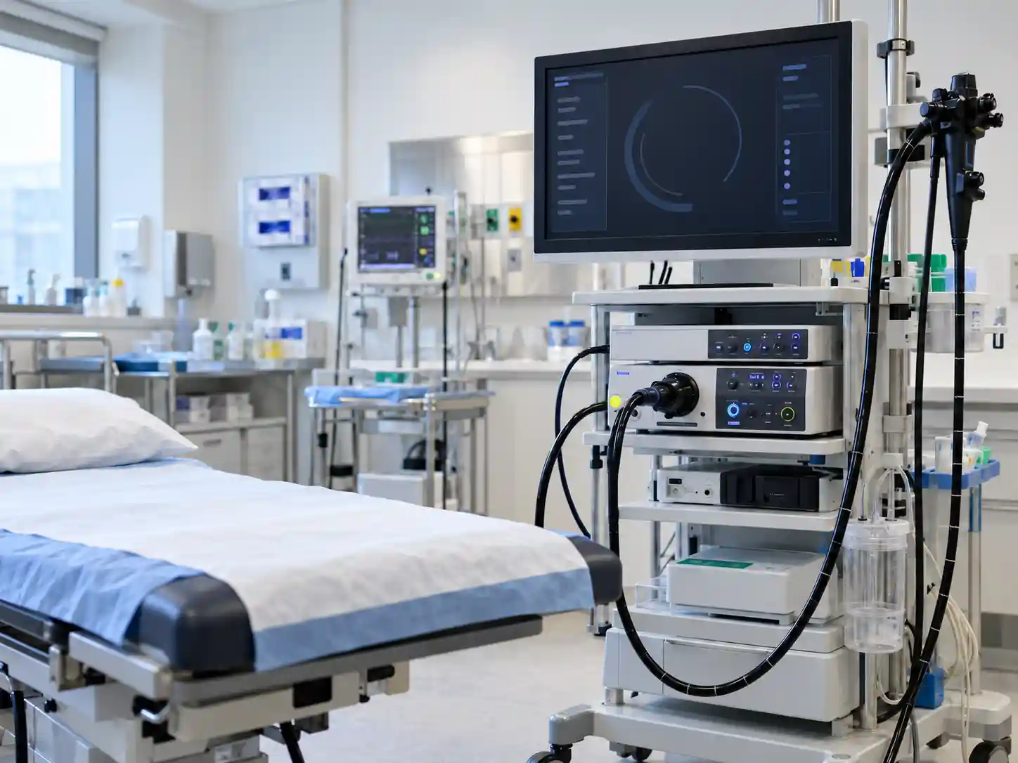 Sala moderna de endoscopia com equipamento de colonoscopia, monitor e maca de exame, sem pacientes.